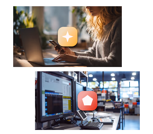 Top image: Woman using smartphone and laptop at a desk with the Mahalo CX logo overlay. Bottom image: Office workspace with multiple computer monitors with the Mahalo OpX logo overlay.