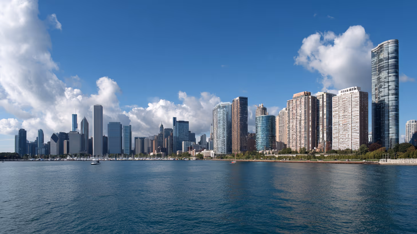 Chicago skyline with tall buildings along the waterfront under a partly cloudy blue sky.