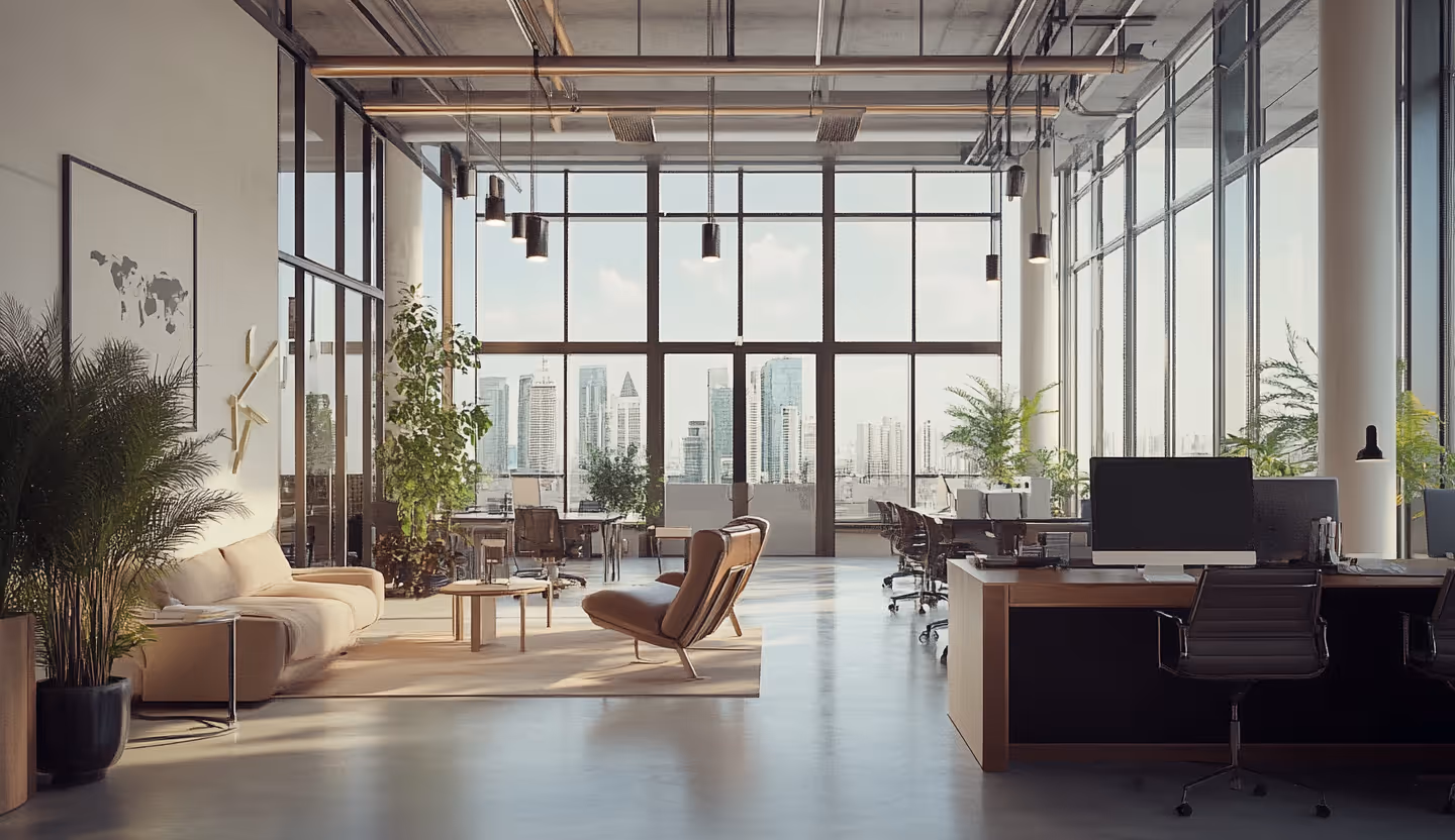 Modern office space with large windows showing a city skyline, featuring work desks with computers, a seating area with sofa and armchair, and indoor plants.